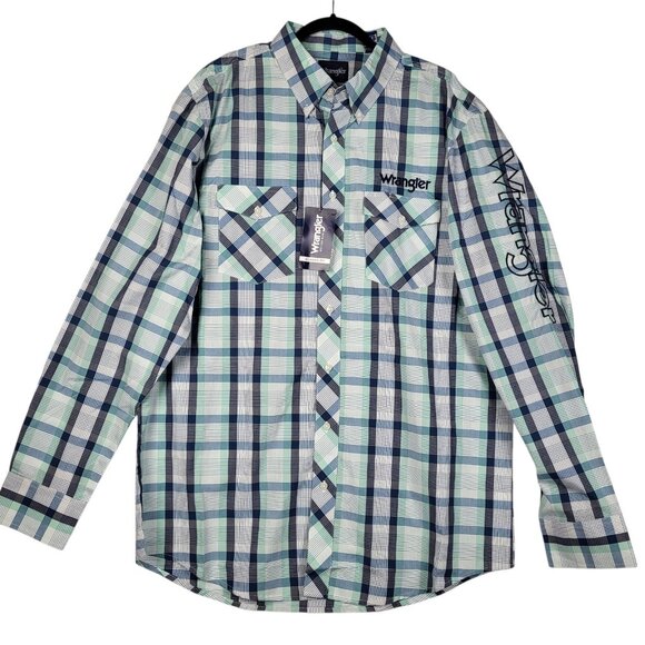 Wrangler Plaid Spellout Shirt Mens XL Tall Blue Green Button Up Western NWT - Picture 13 of 16